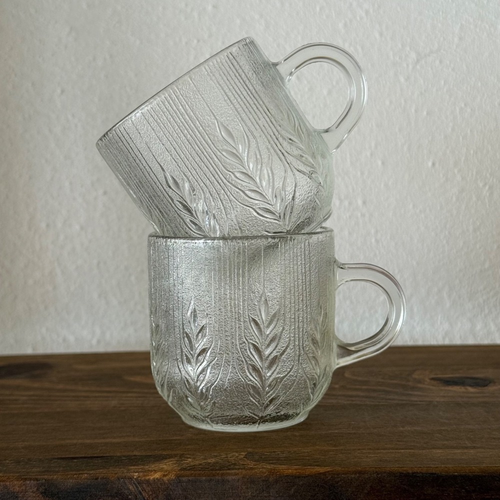 Vintage Arcoroc Country Wheat Frosted Glass‎ Coffee Mug Set of 2 France